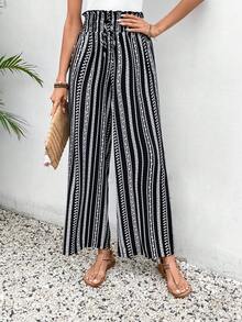 SHEIN Frenchy 女士復古風格長褲，帶有褶邊緣 - 杏色 - 查看 5