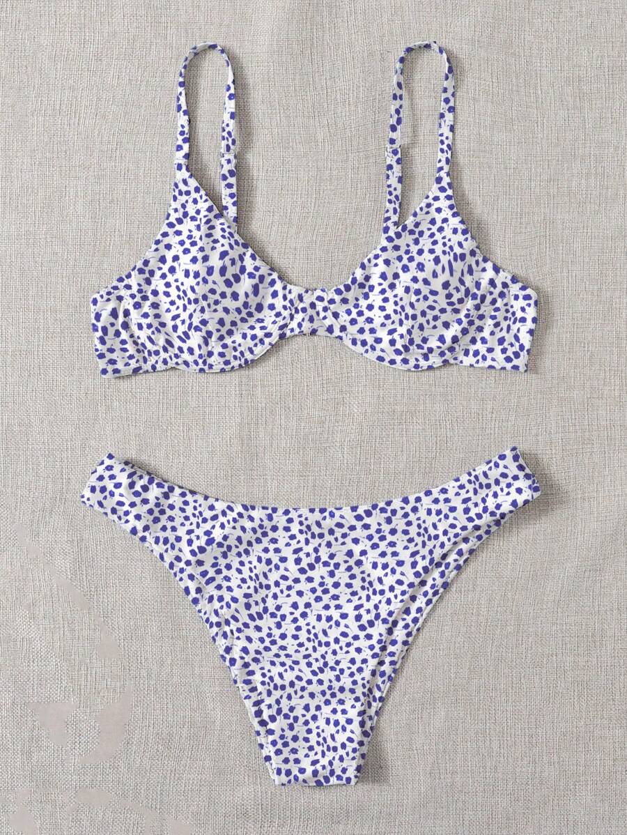 Swim Mod 夏季海滩女士碎花比基尼，带钢支撑、聚拢和随机印花，2 件套，适合度假 - 彩色 - 查看 1