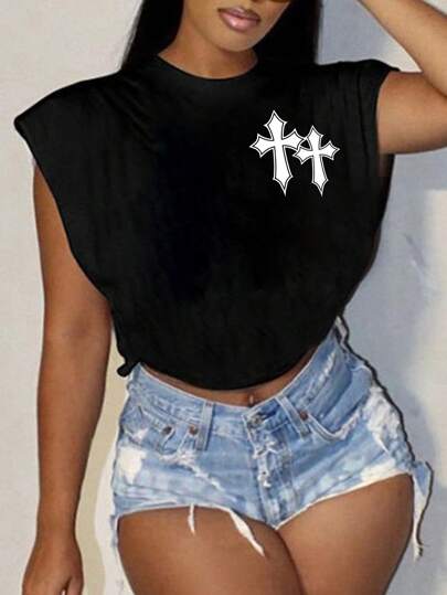Slaydiva Casual Simple Cross Pattern Round Neck Short Sleeve Loose Fit Cropped T-Shirt For Women, Suitable For Summer Suitable For Going Out
