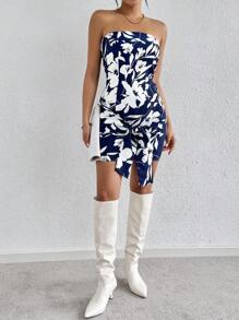 SHEIN Essnce 女士春夏休閒假日葉子剪影印花無肩帶迷你裙