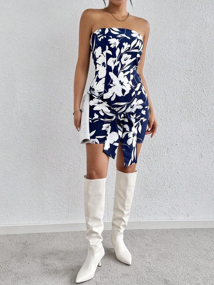 Women's Spring And Summer Casual Holiday Leaf Silhouette Printed Tube Top Mini Dress