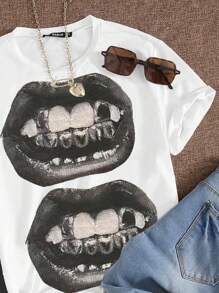 INAWLY Plus Size Summer Printed Short Sleeve T-Shirt With Mouth Print - White - View 4