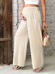 SHEIN Maternity Solid Color Drawstring Wide Leg Loose Casual Straight Pants - Apricot - View 1