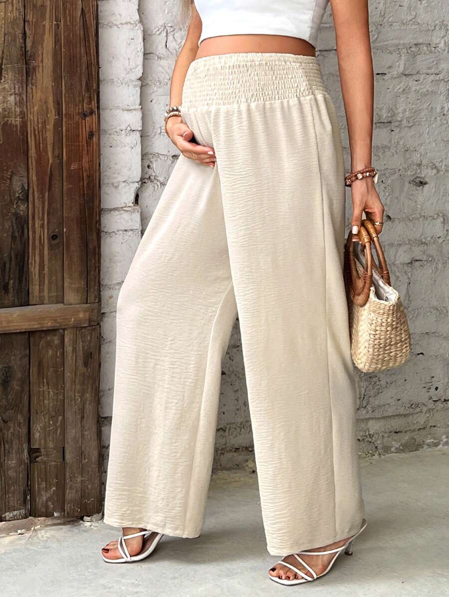 SHEIN Maternity Solid Color Drawstring Wide Leg Loose Casual Straight Pants - Apricot - View 1