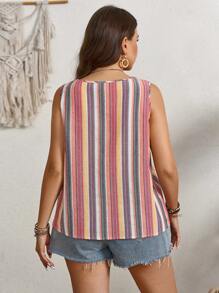 SHEIN LUNE 大碼條紋和花卉印花扣飾無袖春夏襯衫