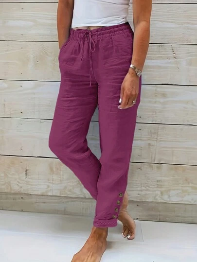 Jisfaneya Solid-Color Button Pocket Straight-Leg Lace-Panel Wrinkle-Effect Fabric Violet Pants Casual Everyday Versatile Spring/Summer Straight-Leg Pants