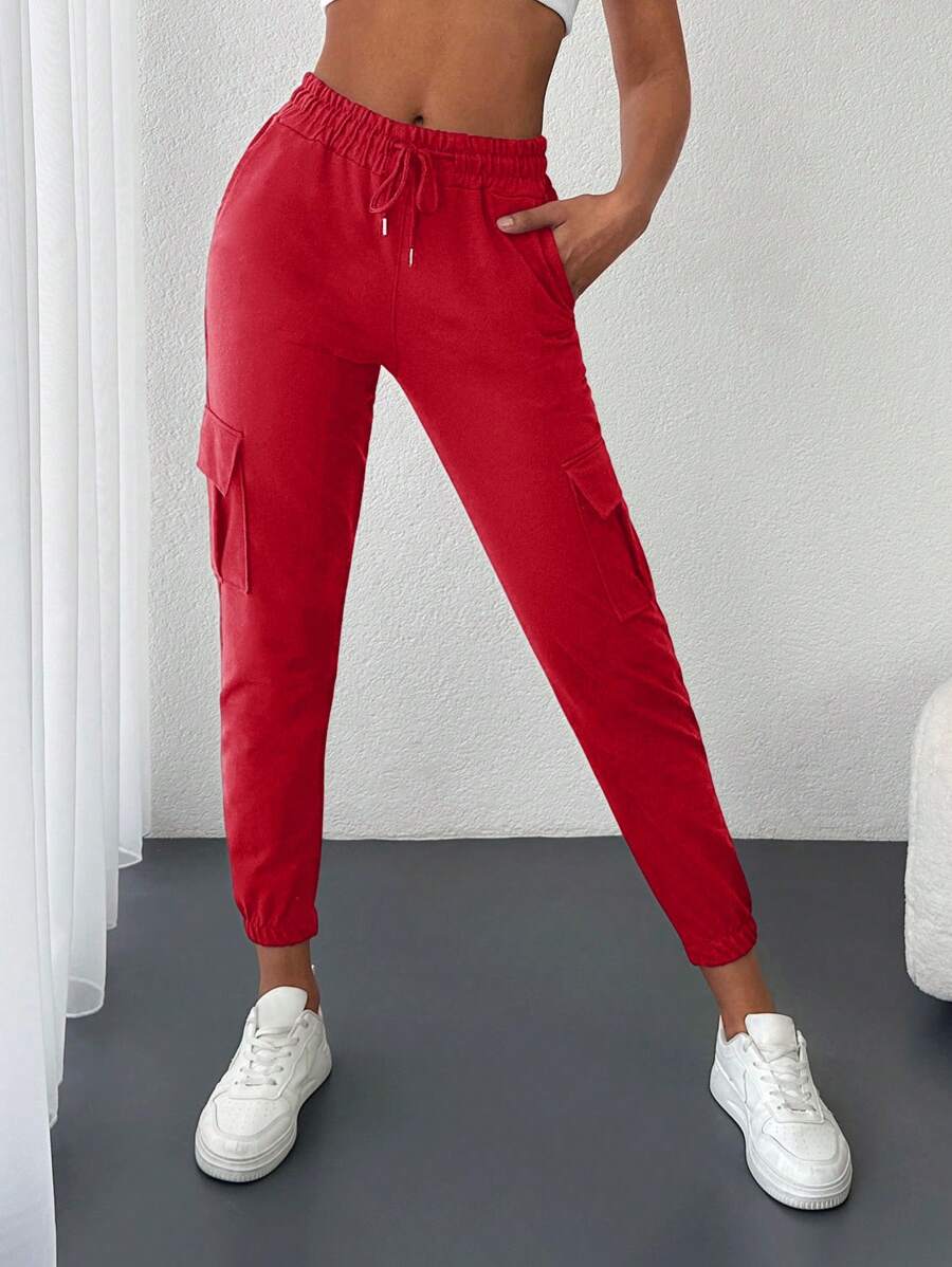 EURMUSE Drawstring Waist Sweatpants With Flap Pockets - Red - View 1