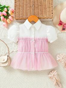 Baby Girl Elegant, And Cute White & Pink Mesh Contrast Top, Suitable For Daily Wear, Leisure, Parties And Festivals