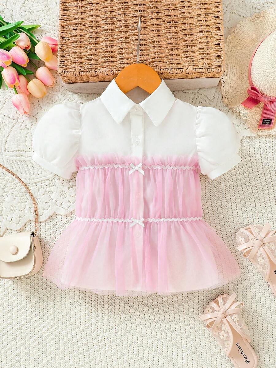 Baby Girl Elegant, And Cute White & Pink Mesh Contrast Top, Suitable For Daily Wear, Leisure, Parties And Festivals