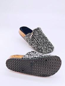 roulvxiang New Sparkling Black Slip-On Sandals For Beach, Home And Vacation Wear - Women Fluffy Slide Flat Sandals - Graphite Black - View 3
