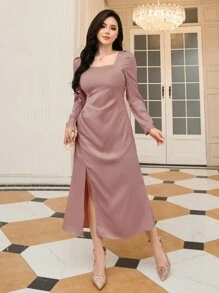 DAZY Ladies' Elegant Solid Color Slit Front Square Neck Party Gathering Long Sleeve Dress,Fall Dress - Pink - View 2