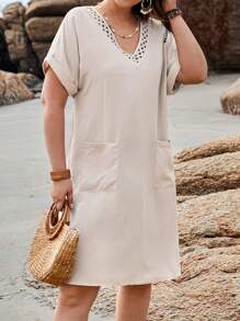 EMERY ROSE Plus Size Women's Solid Color Double Pocket Batwing Sleeve Linen Dress - Apricot - View 3