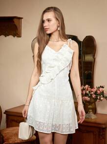 Aveloria Rosie Vestido midi de mujer con cuello en V, lazo, textura floral y ribete de volantes