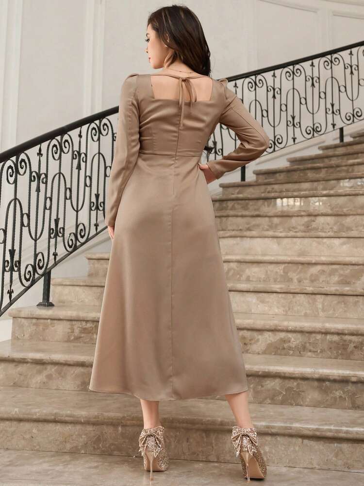 Women Solid Color Square Neck Long Sleeve Split Hem Dress, Suitable For Spring And Fall Maxi Dress