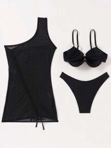 SHEIN Swim 夏季海滩钢圈细肩带比基尼套装和单肩罩衫 - 黑色 - 查看 5