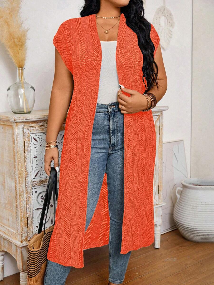 Calvaya Cárdigan largo de unicolor con mangas tipo capa para tallas grandes - Naranja - Ver 1