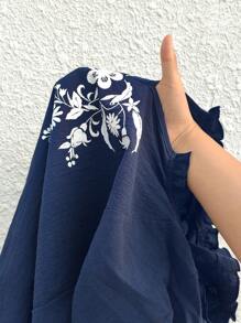 EMERY ROSE 女性夏季花卉印花V領短袖休閒襯衫 - 藍色 - 查看 7