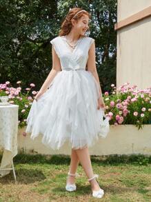 Vestido corto elegante para adolescente con encaje y malla en contraste - Blanco - Ver 6