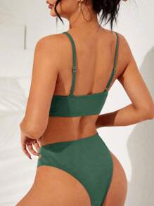 SHEIN Swim 女士純色中空時尚內衣和泳衣底部套裝，分離式比基尼 - 綠色 - 查看 2