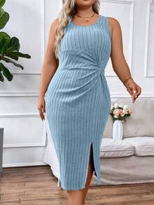 Calvaya 大尺碼女士夏季修身圓領無袖腰部扭結前裙擺開叉休閒裙 - 藍色 - 查看 4