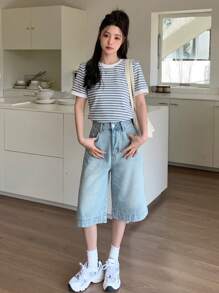 DAZY Summer Casual Striped Simple Fashion Short Sleeve T-Shirt - Blue - View 2