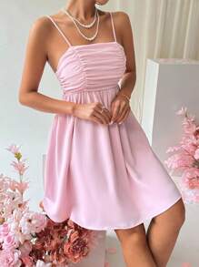 SHEIN Privé Women's Solid Color Pleated Cami Dress - Pink - View 6