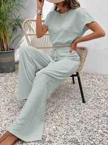 SHEIN Frenchy Của phụ nữ Lỏng lẻo Kết cấu Màu thuần Giải trí Hai chiếc Bộ đồ - Màu xanh Cadet - Xem 5