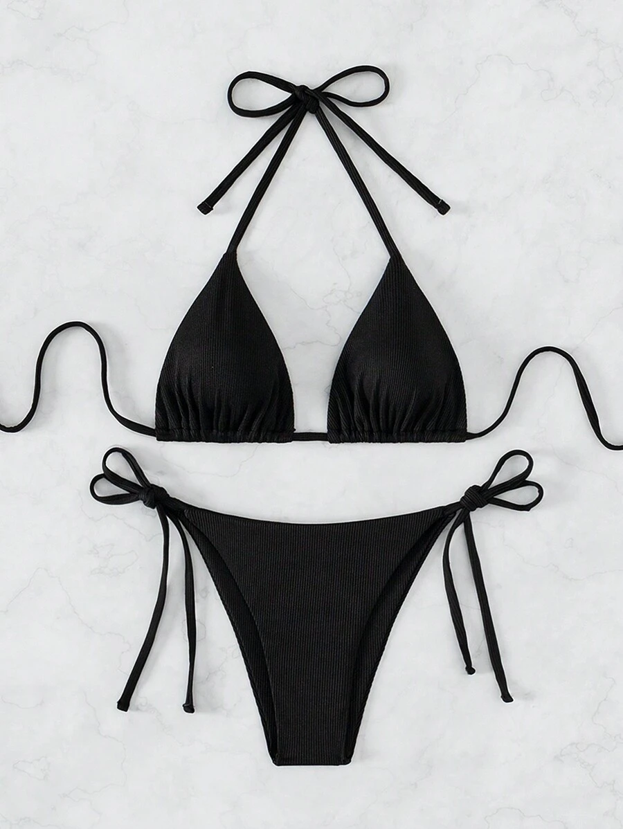 SHEIN Swim 女性時尚夏季海灘純色經典比基尼套裝 - 黑色 - 查看 1