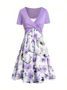 Conjunto de 2 piezas para primavera/verano de mujer elegante con top estampado floral con nudo y vestido de tirantes con volante en el dobladillo - Morado - Ver 1