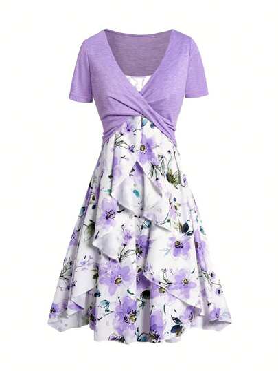 Women Elegant Floral Printed Knot Top And Spaghetti Strap Dress With Ruffle Hem 2-Piece Set For Spring/Summer