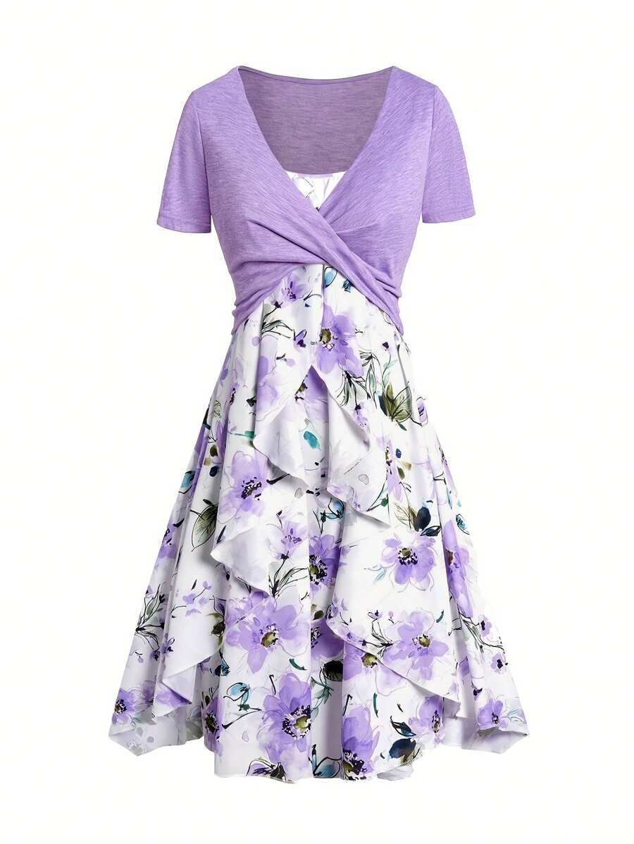 Conjunto de 2 piezas para primavera/verano de mujer elegante con top estampado floral con nudo y vestido de tirantes con volante en el dobladillo - Morado - Ver 1