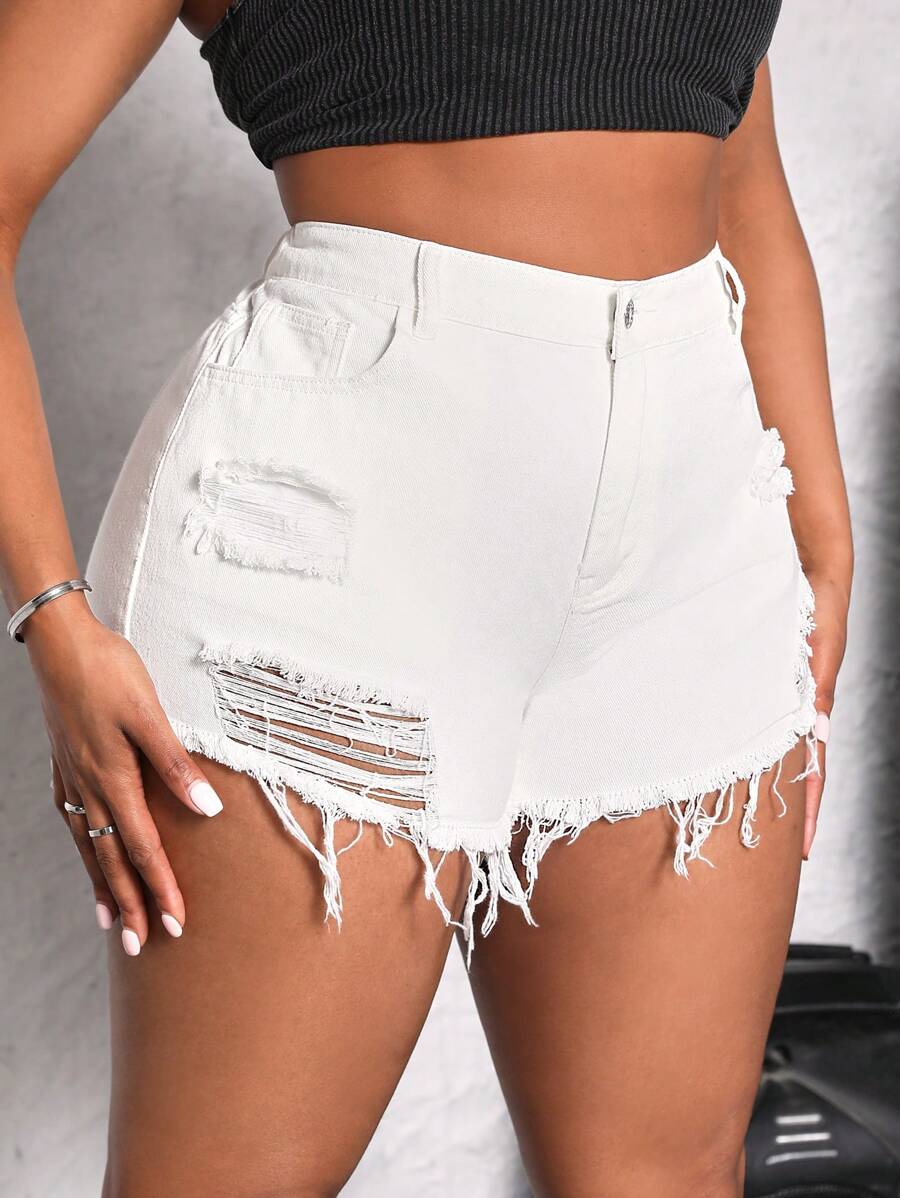SHEIN SXY Quần short denim rách trơn dáng rộng, thích hợp mặc hàng ngày vào mùa xuân và hè. - trắng - Xem 1