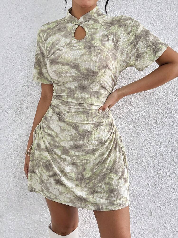 Summer Buckle Tie Dye Twist Pleated Dress