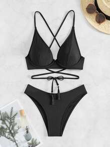SHEIN Swim Conjunto de bikini de espalda cruzada de unicolor para mujer, playa de verano
