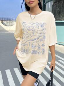 SHEIN EZwear 大码休闲海洋生物印花圆领短袖宽松女式 T 恤 - 杏色 - 查看 4