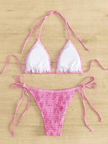 Swim Mod Conjunto de bikini bandeau estampado, playa de verano - Rosa - Ver 3