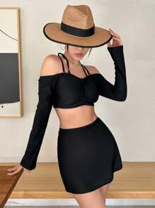 DAZY Ladies Solid Color Open Shoulder Long Sleeve Tankini With Ruffle Design For Vacation Summer,Beach Women Outfits