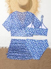 少女时尚甜美碎花两件套比基尼套装夏季海滩
