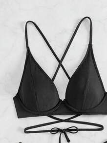 SHEIN Swim Conjunto de bikini de espalda cruzada de unicolor para mujer, playa de verano