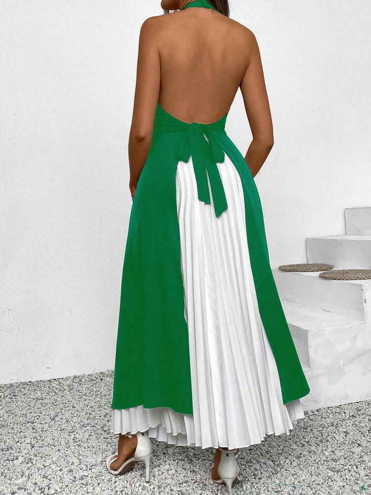 Women Summer Solid Color Stand Collar Asymmetrical Hem Halter Top And Long Pleated Skirt Set