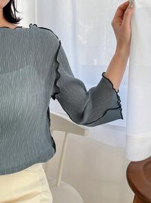 FRIFUL Spring Boat Neck Contrasting Colors Exposed Seam Texture Casual Top