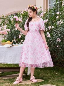 Tween Girls Elegant And Cute Floral And Printed Organza Dress - Pink - View 1