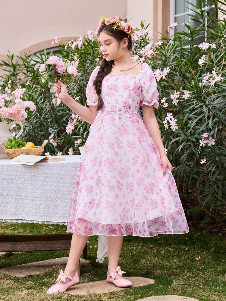 Tween Girls Elegant And Cute Floral And Printed Organza Dress