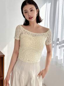 FRIFUL Maglietta estiva a maniche corte con scollo a barca in pizzo a tinta unita per donne