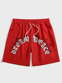 ROMWE MEN Street Life Men Letter Graphic Drawstring Waist Shorts - Red - View 1
