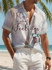 Men Summer Short-Sleeved Casual Shirt With Letter Printed Pattern - Multicolor - View 1