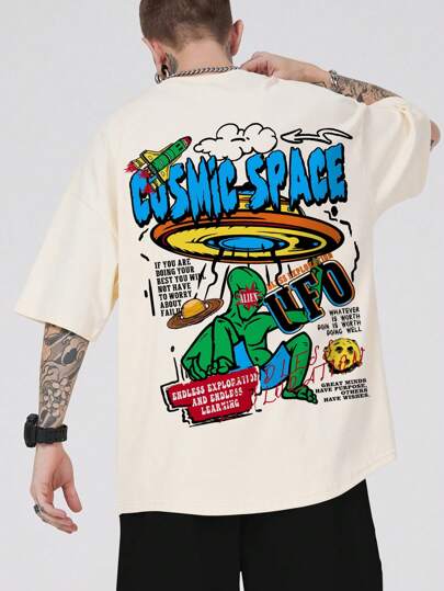 Street Life Men Cartoon & Slogan Graphic Drop Shoulder Tee, School