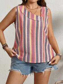 SHEIN LUNE 大碼條紋和花卉印花扣飾無袖春夏襯衫