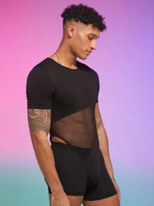 FeverCity Men Sheer Mesh Splicing Hollow Out Fashion Jumpsuit & Suspender Pants - Black - View 2