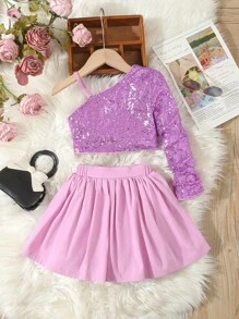 SHEIN Conjunto elegante para fiesta de cumpleaños de niña joven, top con hombros asimétricos con cuentas rosadas y falda plisada - Morado - Ver 7